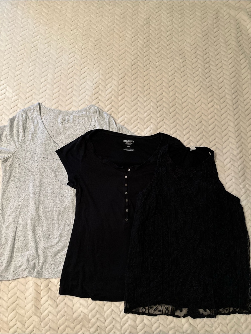 Gray Short-sleeve Top, Black Short-Sleeve Henley Top & Black Lace Tank bundle